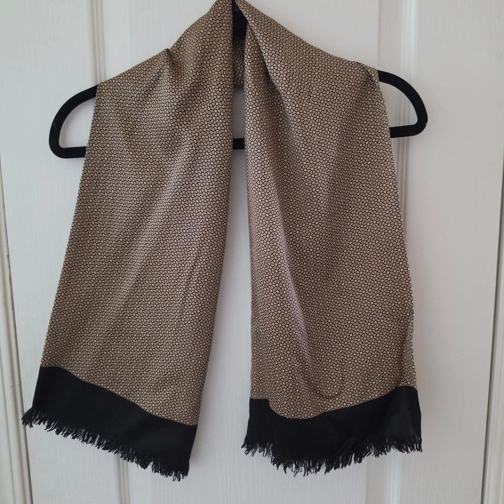 Vintage Silk Scarf Geometric Lattice Pattern Tan Black Fringed 10.5 x 45
